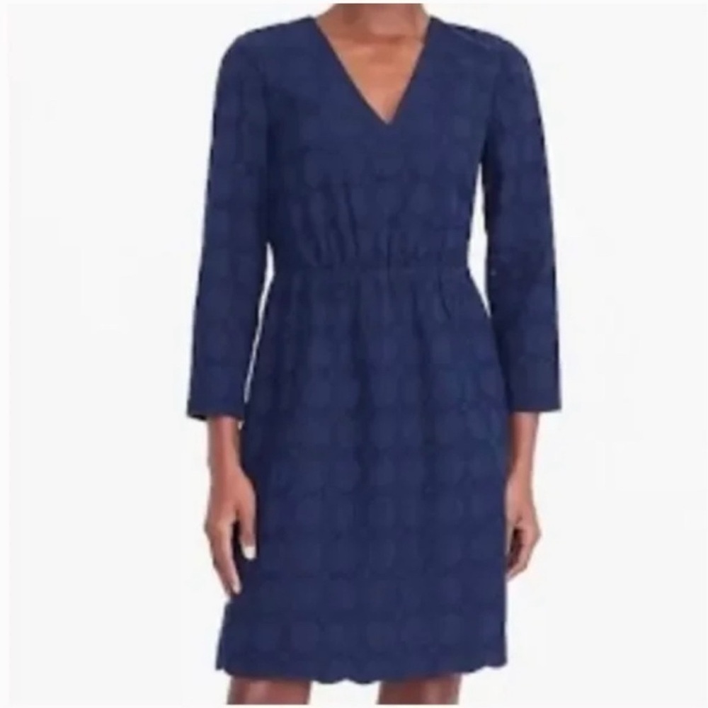J Crew Navy Blue Eyelet Style V-Neck Dress Size 8 Long Sleeve Mini 100% Cotton